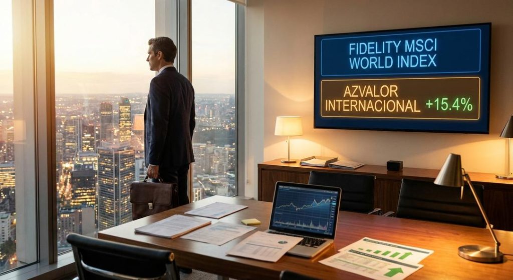 Ejecutivo observa ciudad con índices bursátiles en pantalla