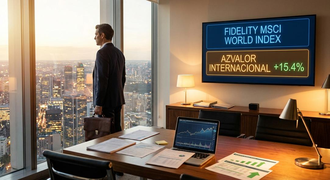 Ejecutivo observa ciudad con índices bursátiles en pantalla