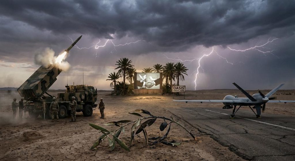 Lanzamisiles y dron militar en desierto tormentoso