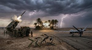 Lanzamisiles y dron militar en desierto tormentoso