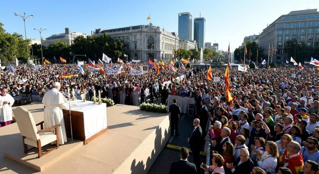 Líder religioso ante multitud con banderas en Madrid